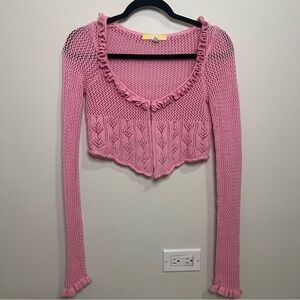 Urban Outfitters Lily Open-Knit Fly Away Crop Cardigan in Pink Crochet Boho